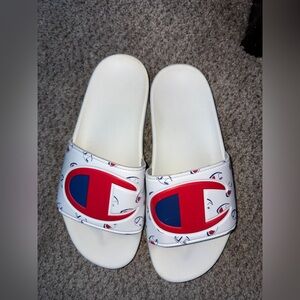 Champion White Slide Sandals with Red and Blue Logo